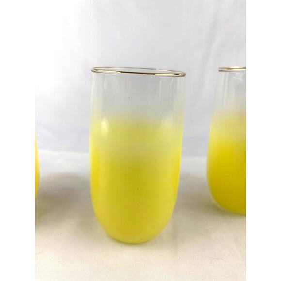 Mid Century Vintage Blendo Yellow Frosted Glass Cocktail Set of 4 Gold Rim 1950s - Picture 16 of 16